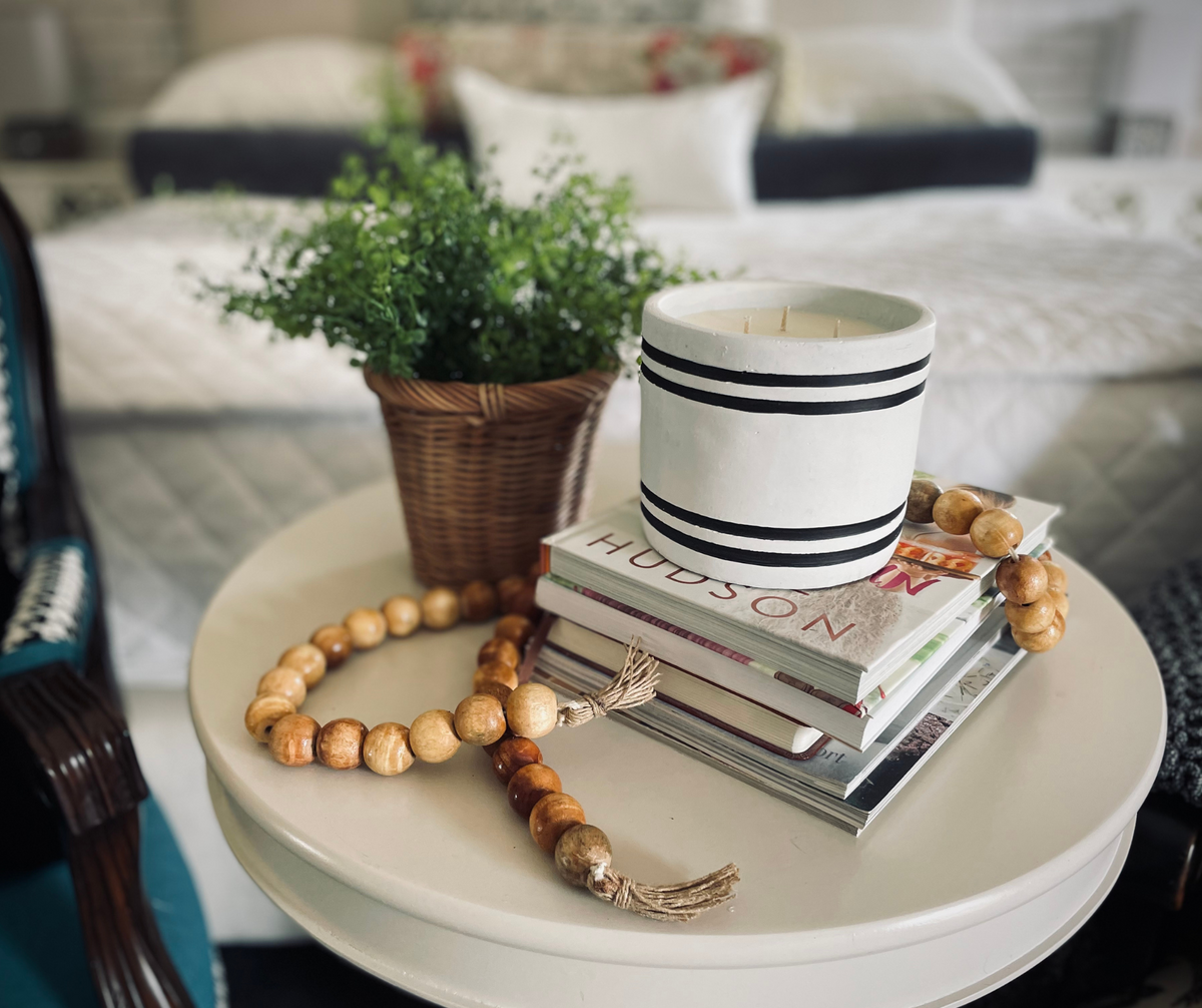 Luxury Large Striped Stone Designer Candle - Farmhouse