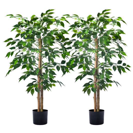 HAIHONG 2Packs 4FT Artificial Ficus Trees with Realistic Leaves and Natural Trunk Faux Ficus Tree with Sturdy Plastic Nursery Pot Fake Ficus Tree for Office Home Farmhouse for Indoor Outdoor Decor